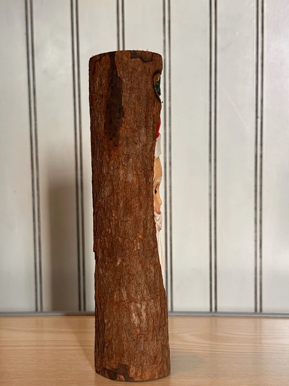 Carved Wood Santa Log Holiday Tapered Candle Holder.  Red and White